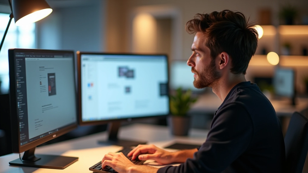 Designer arbeitet an responsivem Webdesign auf Dual-Monitor-Setup mit Wireframes und Design-Tools