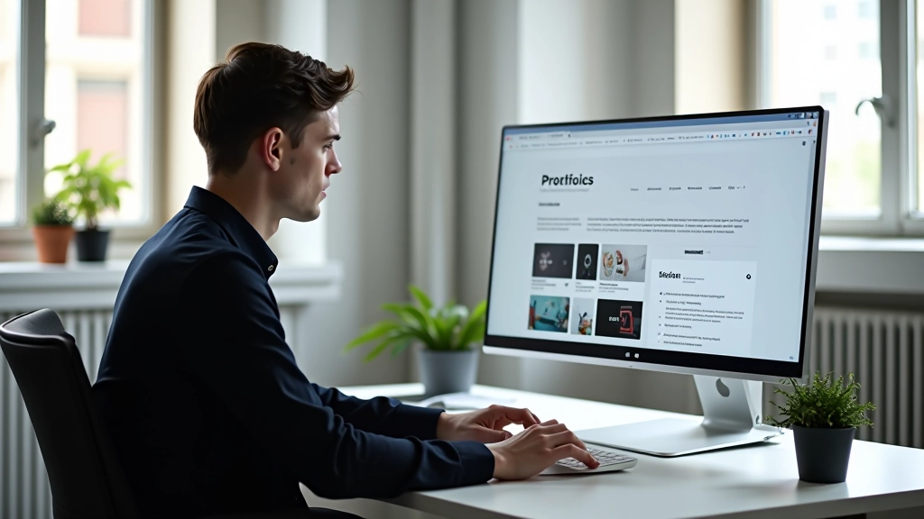 Designer arbeitet an horizontalem Scroll-Design auf großem Monitor mit mehreren Abschnitten sichtbar