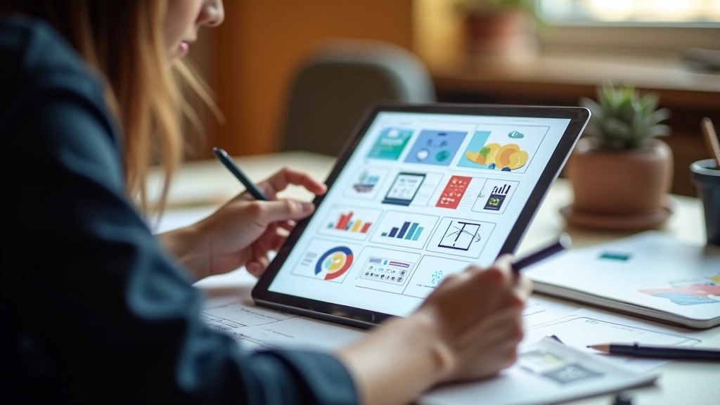 Designer skizziert horizontales Scroll-Layout auf Tablet mit Design-Tools