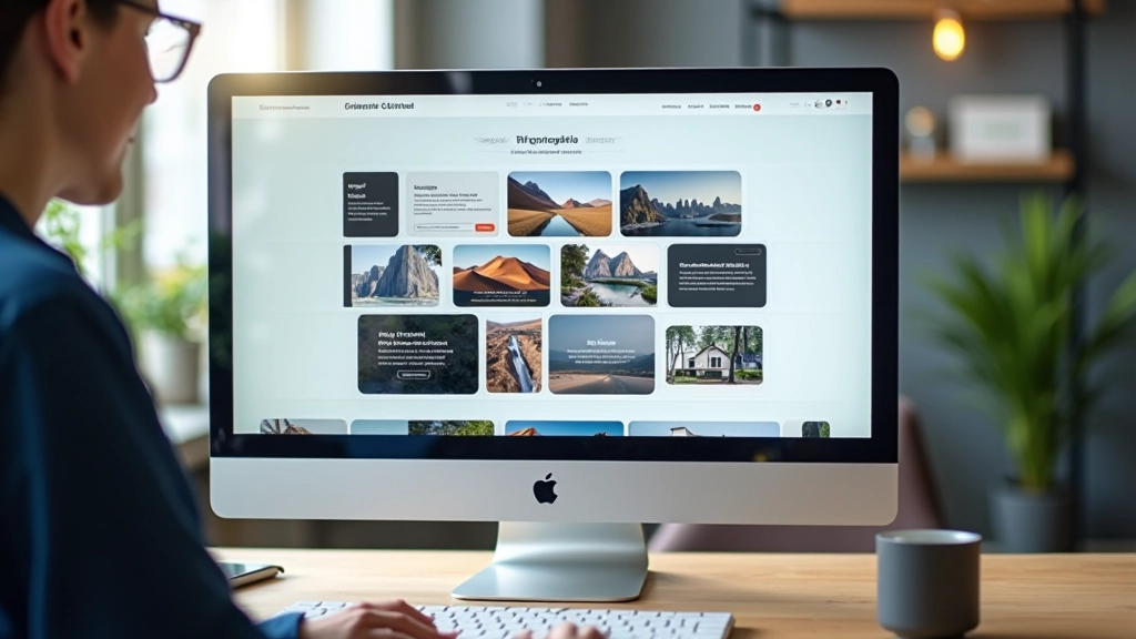 Desktop-Monitor zeigt Portfolio-Website mit horizontal angeordneten Projekt-Karten und Scroll-Animation